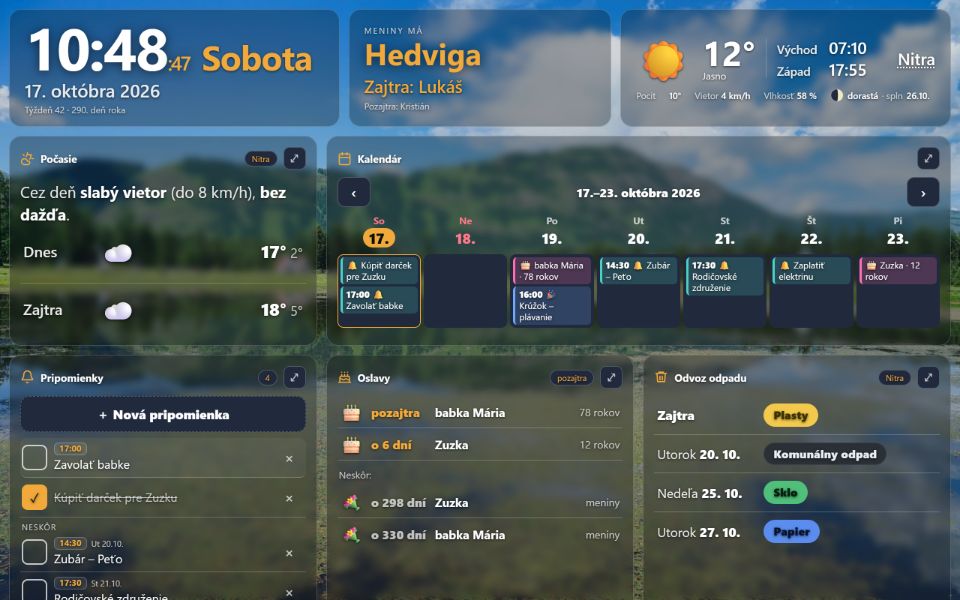 Rodinná nástenka na tablete – kalendár na týždeň, pripomienky, oslavy a odvoz odpadu