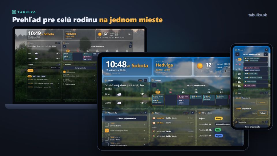 Nástenka TABULKO na tablete, mobile a počítači – kalendár, pripomienky, oslavy, odvoz odpadu a lieky